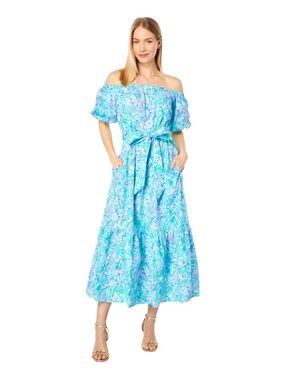 NWT Lilly Pulitzer Tamie Off Shoulder Midi Dress Surf Blue Soleil It on Me Small